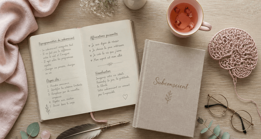 le subconscient carnet bureau flat lay