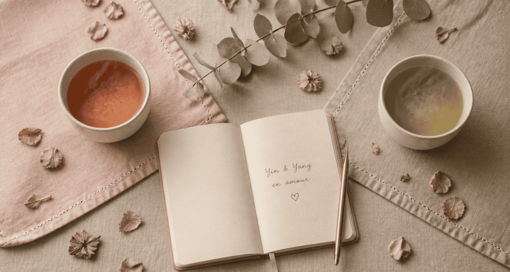 Le yin et le yang en amour, deux tasses de thé et carnet zen