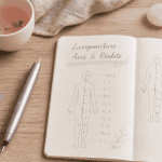 Luxopuncture avis, stylet et carnet sur table zen