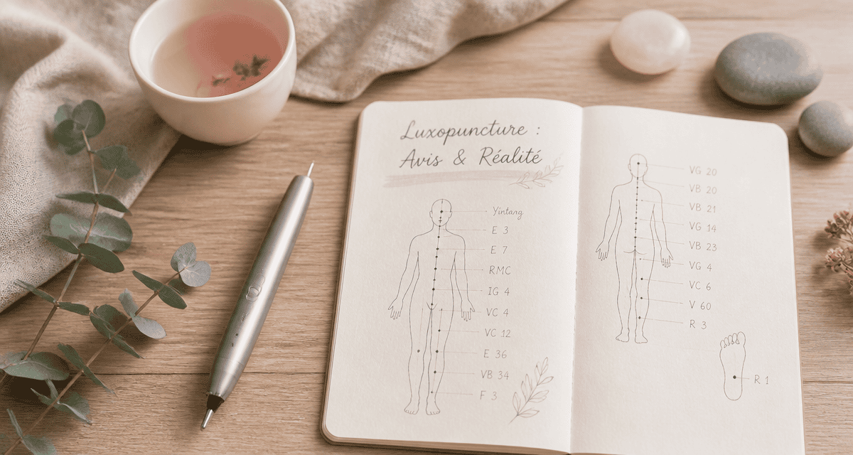 Luxopuncture avis, stylet et carnet sur table zen