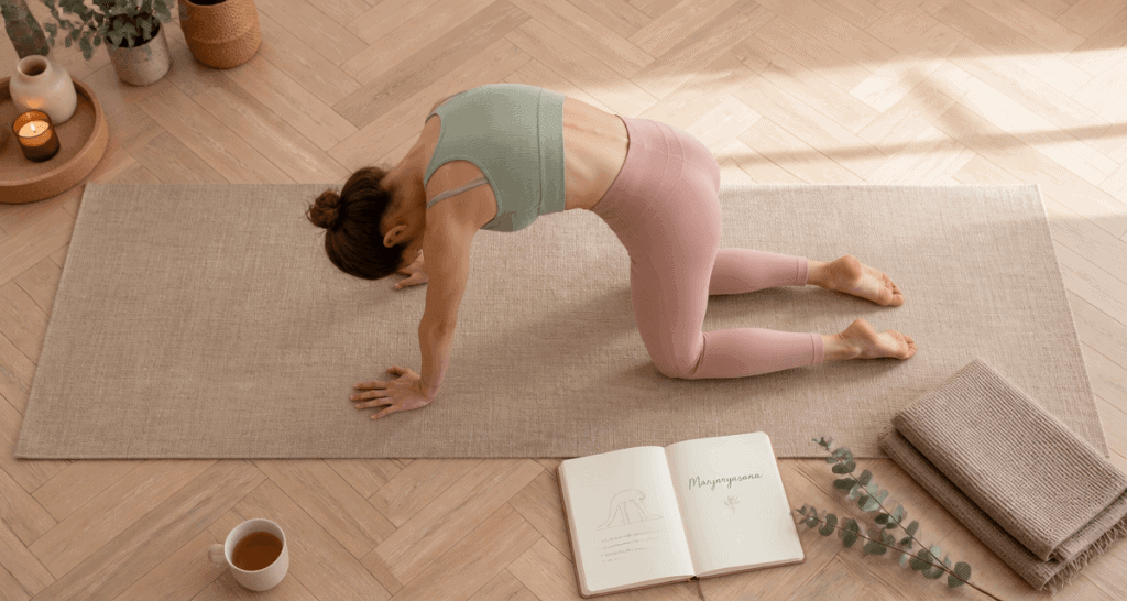 Femme en posture du chat en yoga sur tapis
