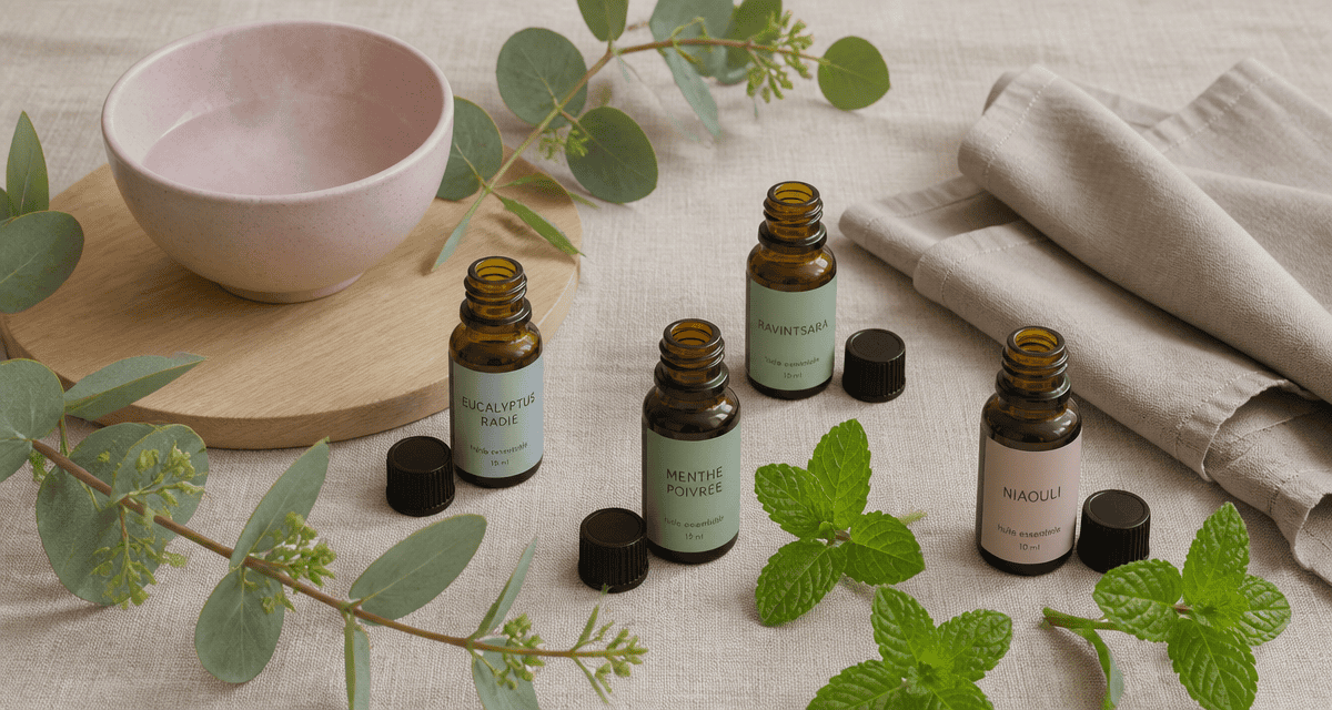 quelle huile essentielle pour déboucher le nez, flacons huiles essentielles et eucalyptus
