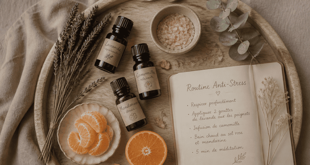 quelle huile essentielle pour le stress et l'anxiété plateau huiles essentielles lavande mandarine