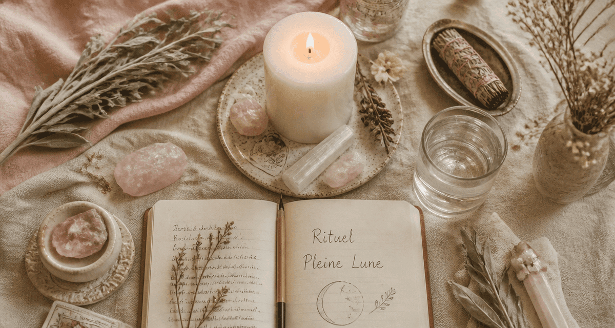Autel rituel pleine lune avec bougie et cristaux