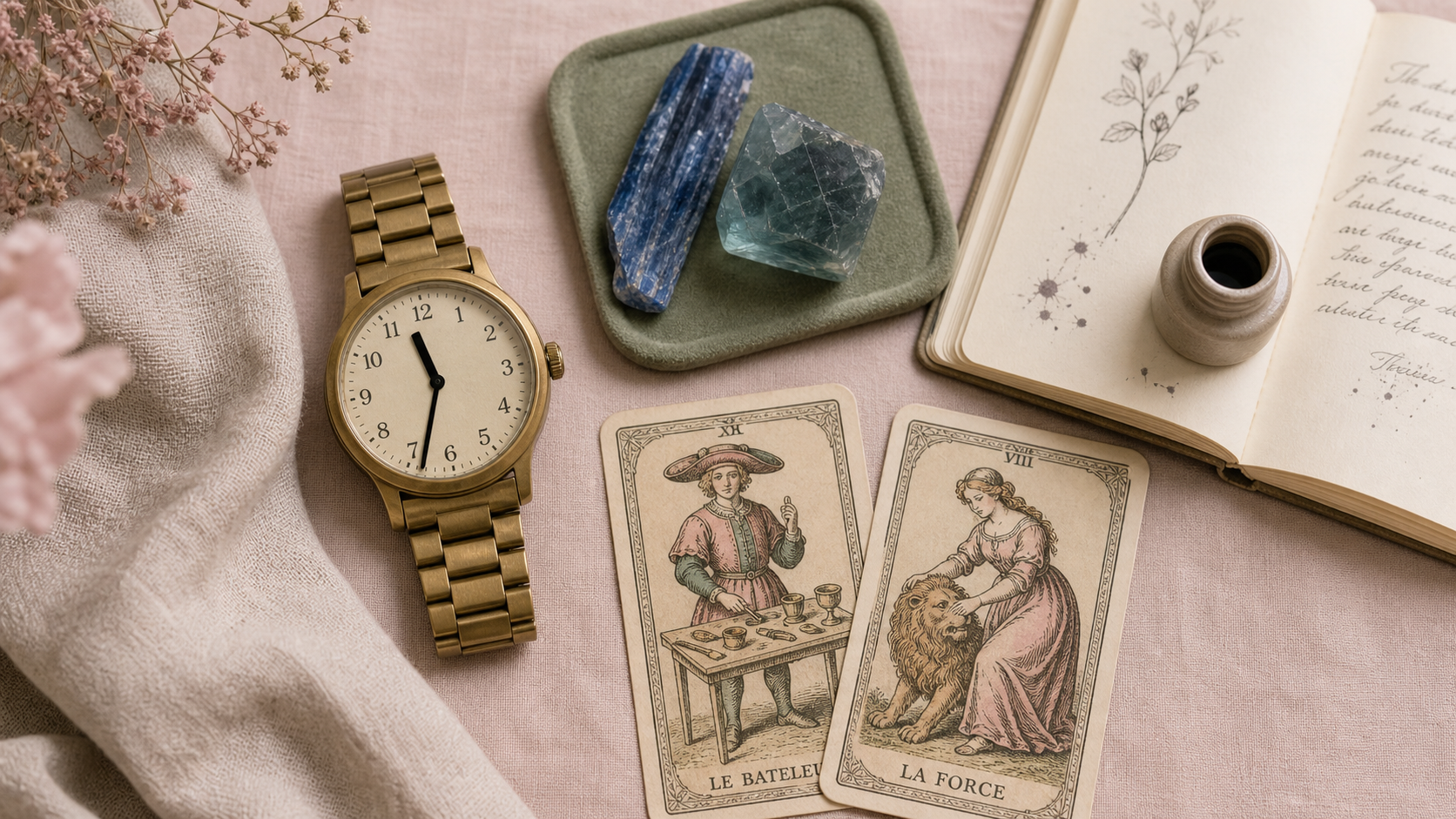 23h33 signification : montre à 23h33, cyanite et fluorite, Tarot