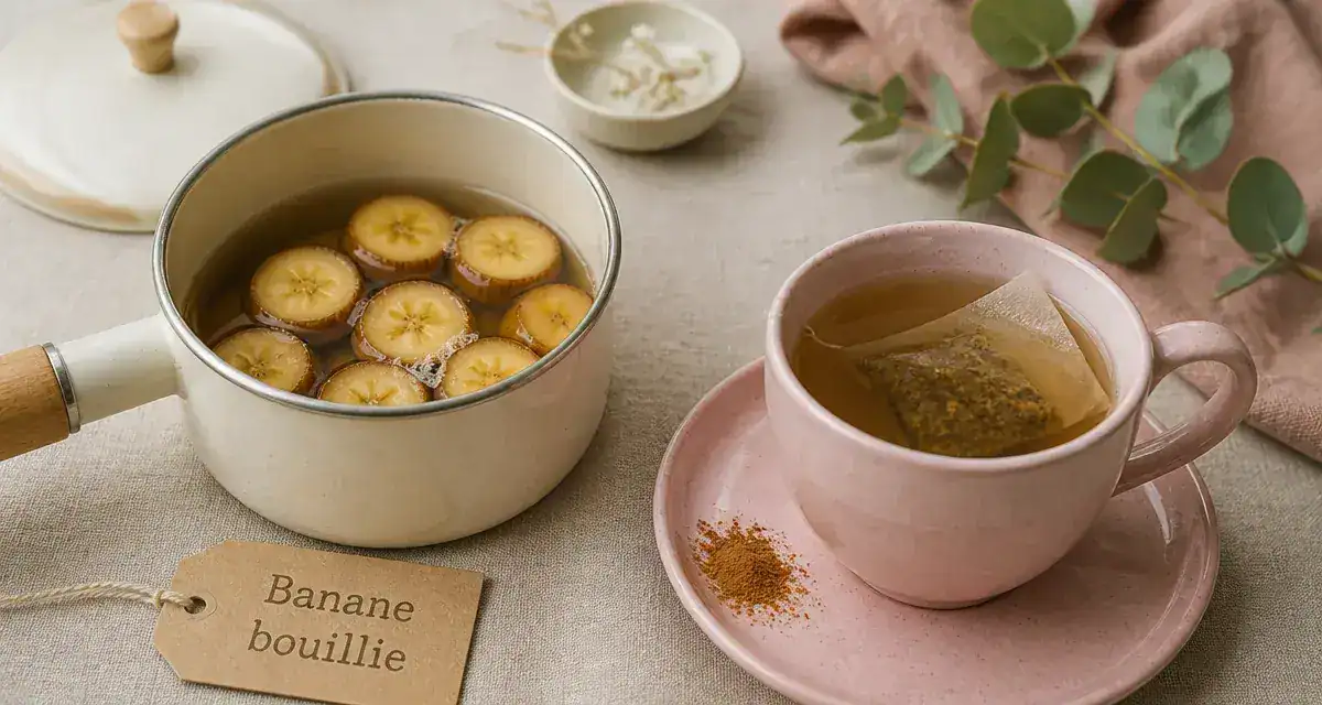 Banane bouillie bienfaits : tasse infusion et banane bouillie