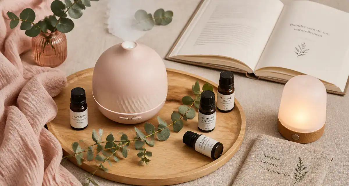 diffuseur humidificateur huile essentielle céramique sur plateau bois