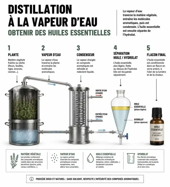 Schéma du processus de distillation pour l'aromathérapie et l'obtention d'huiles essentielles