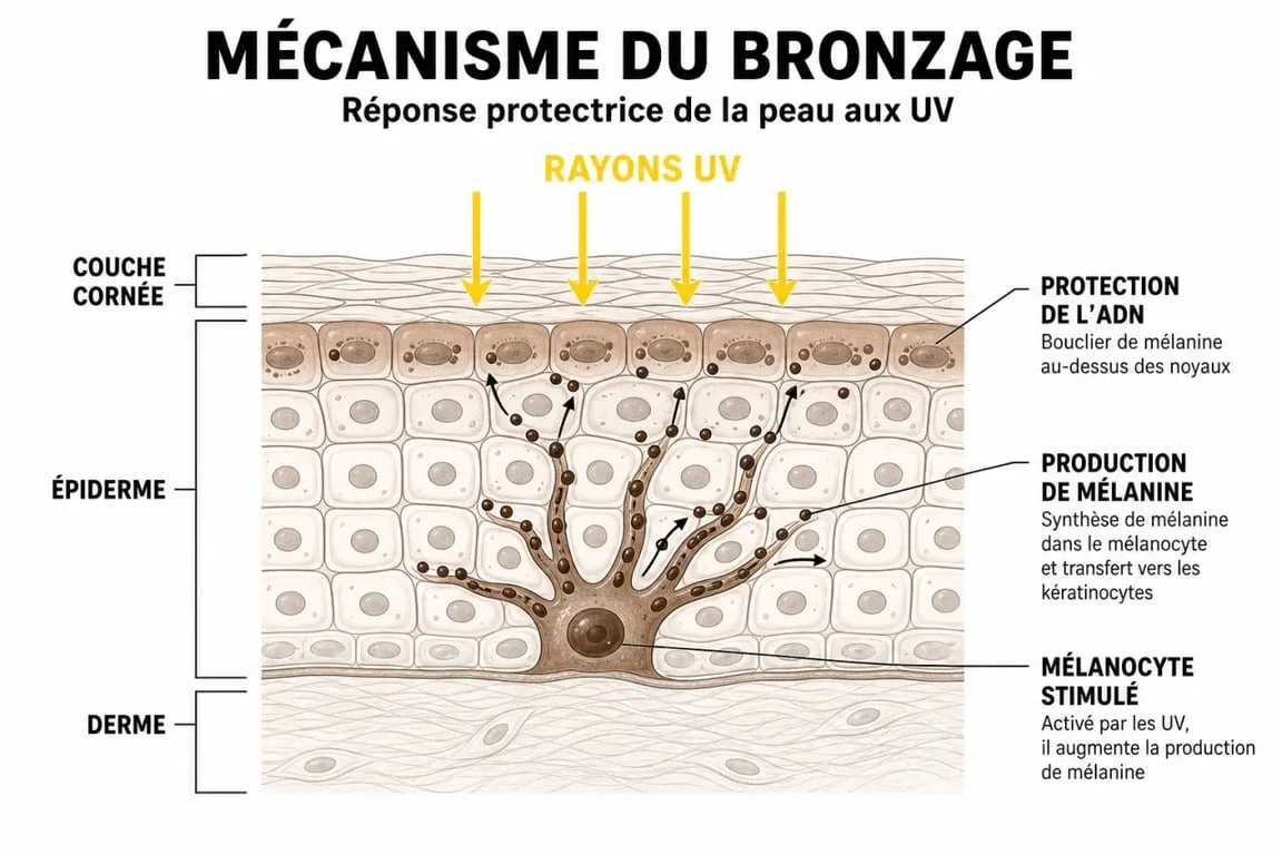 Schéma explicatif du mécanisme de bronzage et de la production de mélanine pour bronzer vite et en sécurité