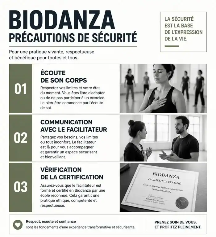 Infographie sur les précautions et la sécurité pour pratiquer la biodanza sans danger