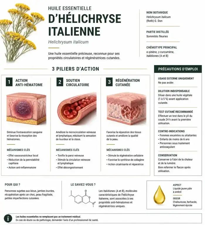 Infographie résumant les bienfaits et précautions d'utilisation de l'huile essentielle d'hélichryse italienne pour la santé et la peau