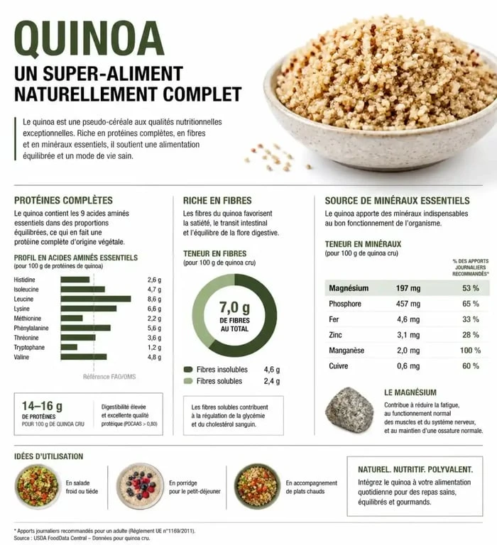 Infographie sur les bienfaits nutritionnels et les propriétés du quinoa