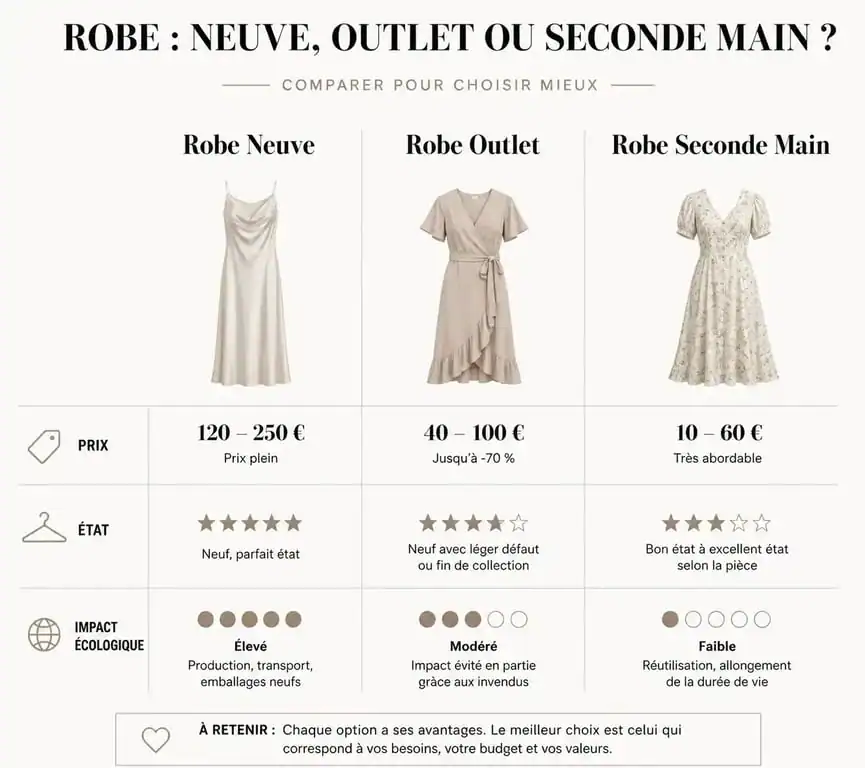 Comparatif des avantages entre robe neuve, robe outlet et robe seconde main pour choisir sa tenue idéale