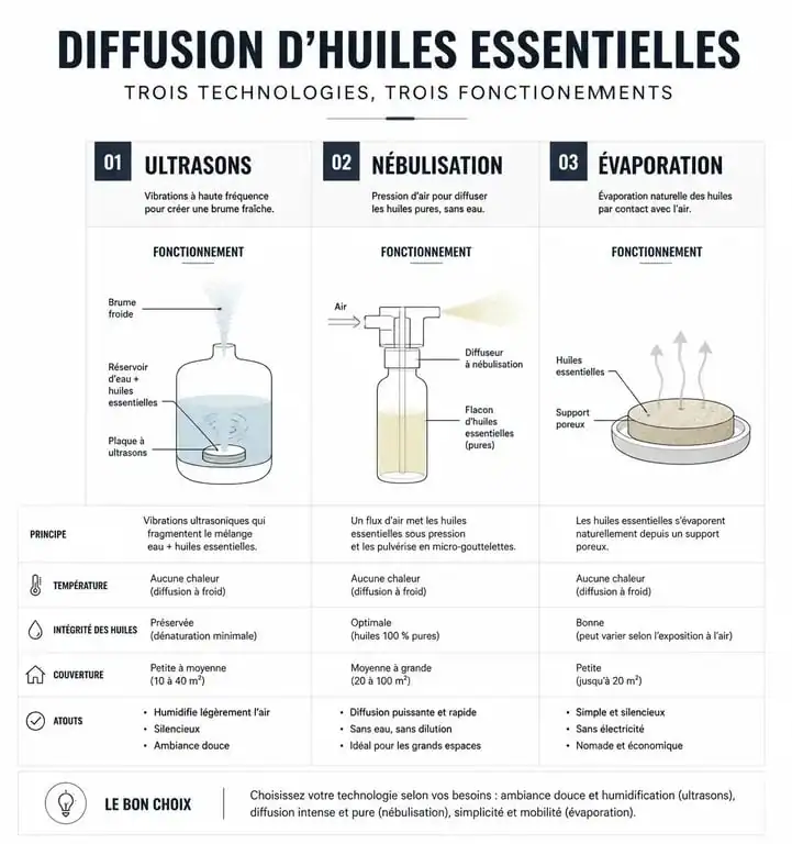 Comparatif des technologies de diffuseur humidificateur d'huiles essentielles : ultrasons, nébulisation et évaporation