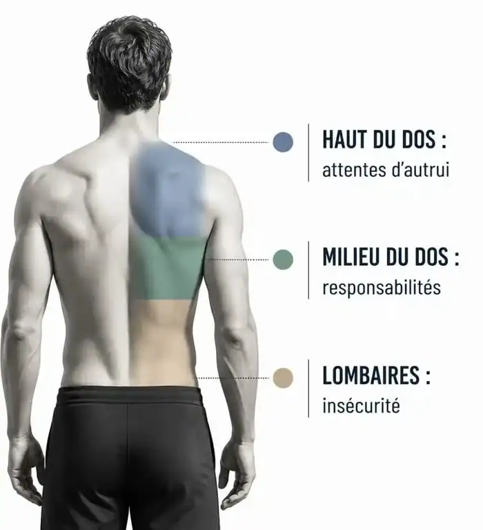 Infographie illustrant la signification spirituelle et émotionnelle du mal de dos côté gauche
