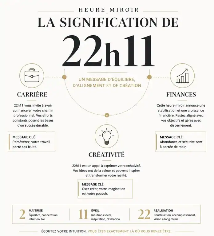 Infographie explicative de la signification spirituelle et pratique de l'heure miroir 22h11