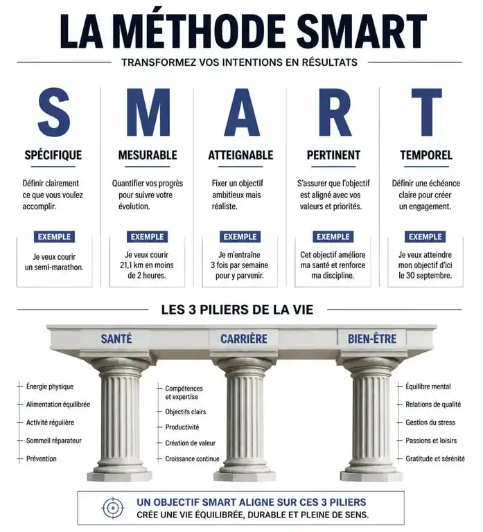 Infographie illustrant la méthode SMART pour définir un objectif personnel efficace et équilibré.