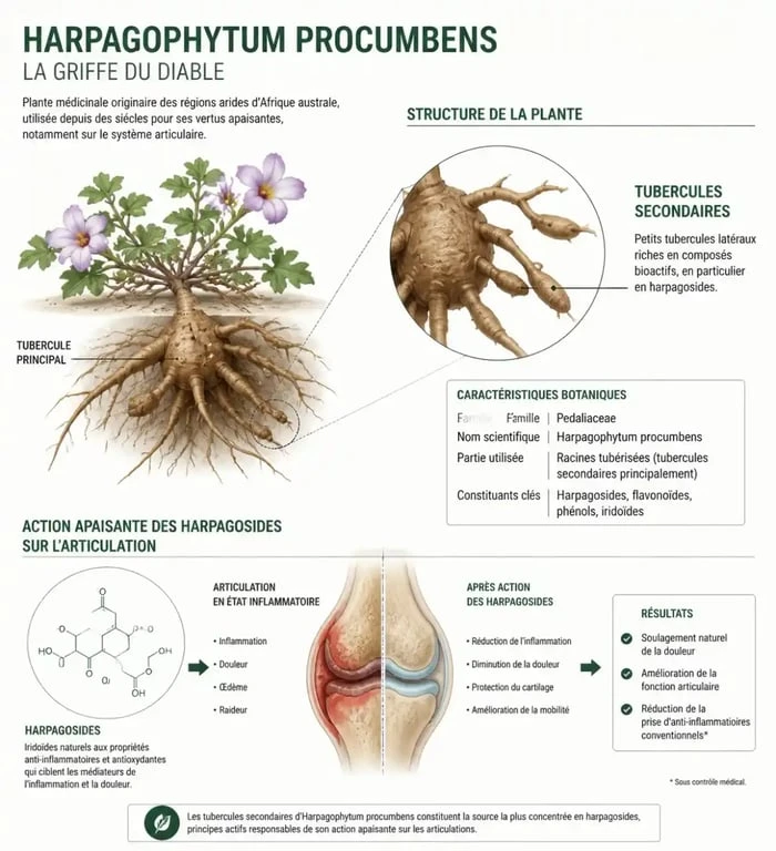 Infographie sur les bienfaits et le fonctionnement de la griffe du diable sur les articulations