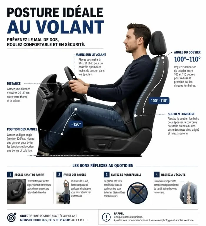 Schéma de la posture idéale au volant pour éviter le mal de dos et les douleurs lombaires