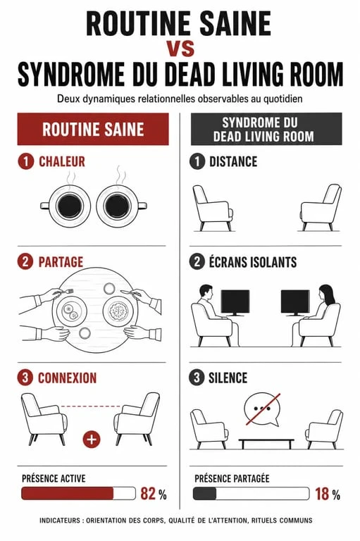 Infographie comparative illustrant les différences entre une routine de couple saine et le syndrome du dead living room pour aider à l'identification des signes.