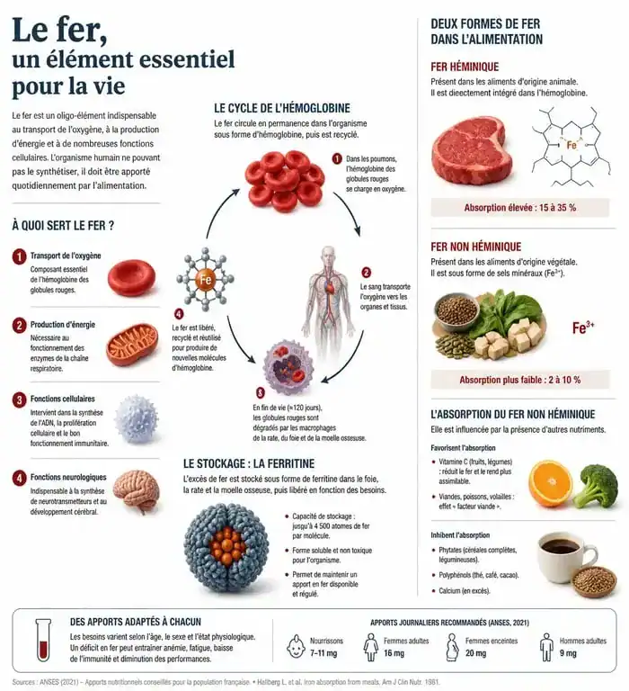 Infographie sur le rôle et l'absorption du fer dans le corps humain