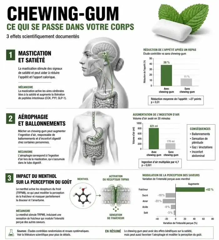 Infographie expliquant les effets du chewing-gum sur la santé, la digestion et la gestion du poids
