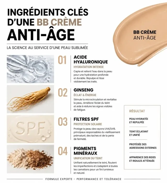 Infographie des ingrédients clés de la meilleure BB crème anti-âge pour une peau mature.