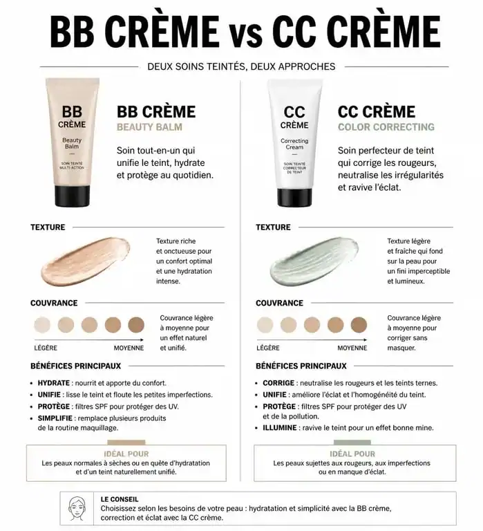 Infographie comparative des différences entre BB crème et CC crème pour le teint