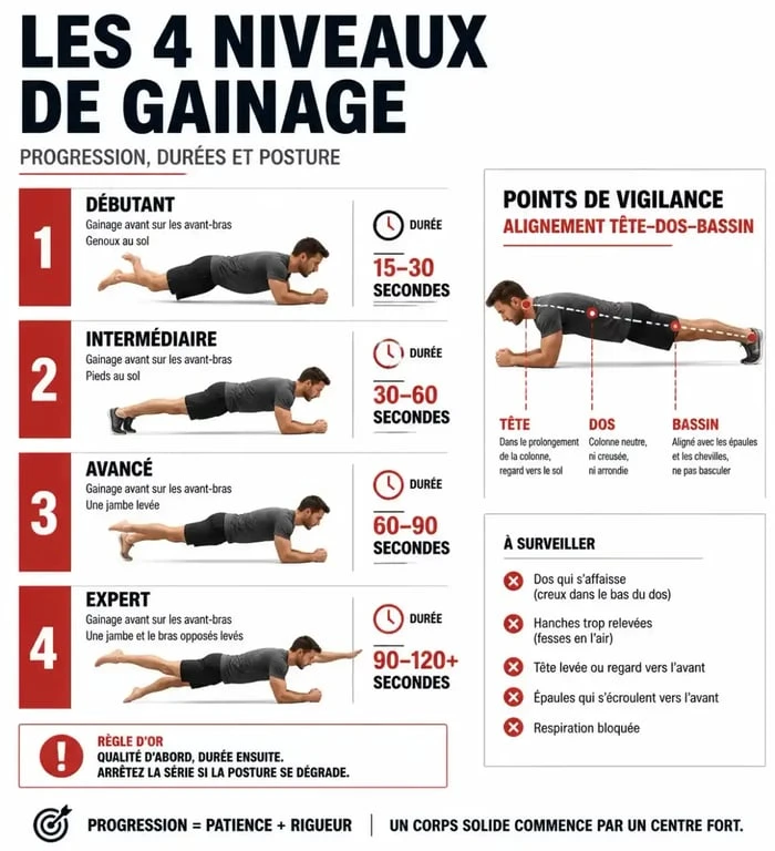 Infographie des niveaux et temps de gainage pour optimiser sa progression