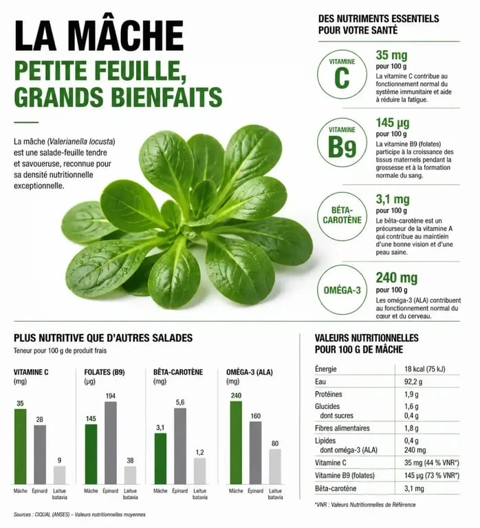 Infographie des bienfaits nutritionnels et vitamines de la mâche