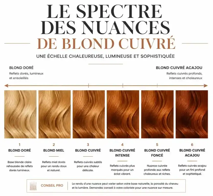 Infographie comparative des nuances de blond cuivré pour choisir sa coloration