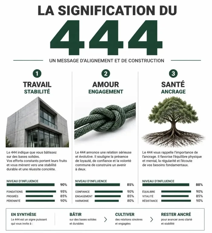 Infographie symbolique de la signification du chiffre 444 dans la vie quotidienne