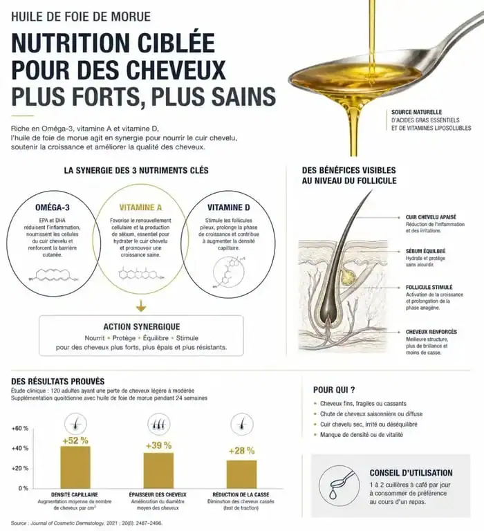 Infographie des bienfaits de l'huile de foie de morue pour les cheveux : Oméga-3, Vitamine A et D.