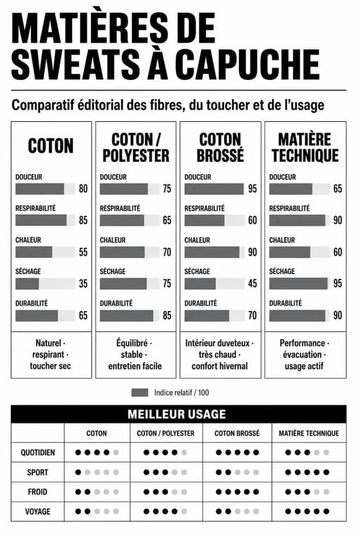 Comparatif des matières de sweat à capuche noir pour homme : coton, molleton et matières techniques