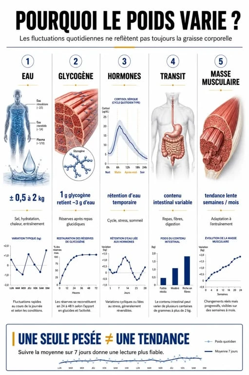 Infographie explicative sur les facteurs de variation du poids corporel et pourquoi se peser tous les jours fait grossir