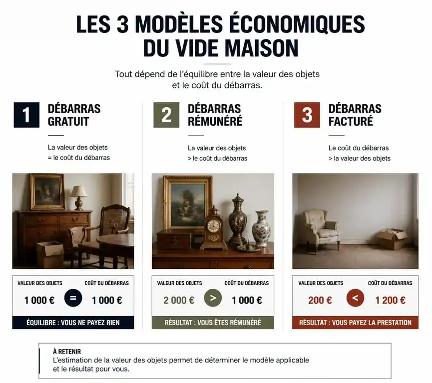 Infographie explicative des trois formules de vide maison à Tarbes : gratuit, rémunéré ou facturé.