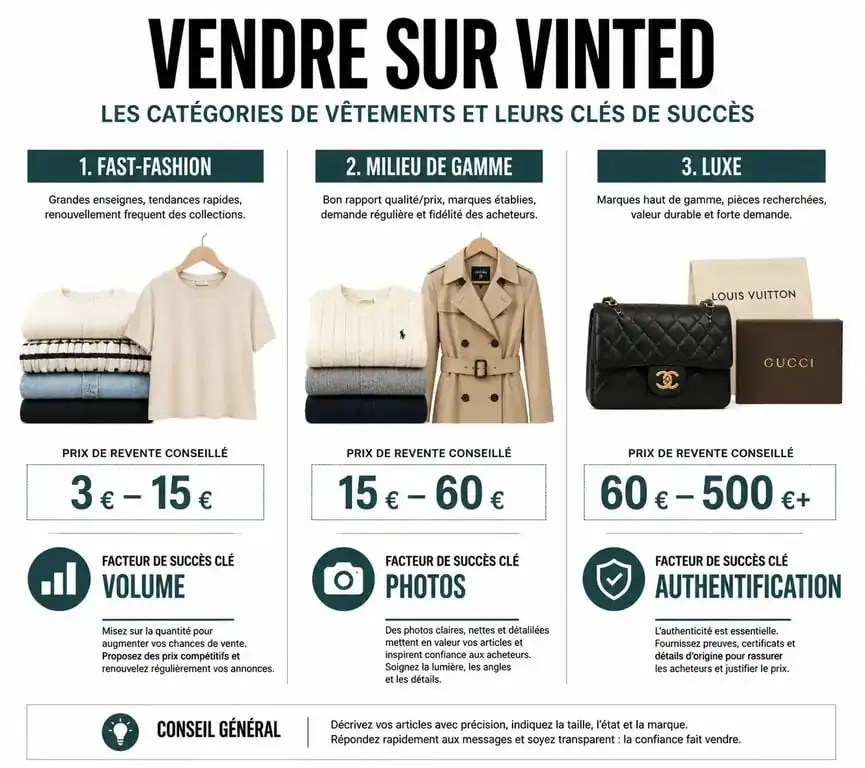 Infographie des stratégies de prix et facteurs de succès pour vendre sur Vinted