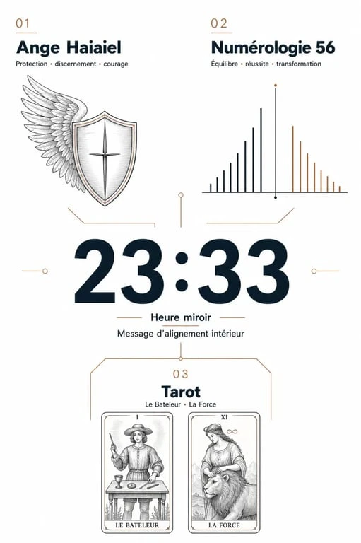 Infographie récapitulative de la signification de l'heure miroir 23h33 et ses interprétations spirituelles