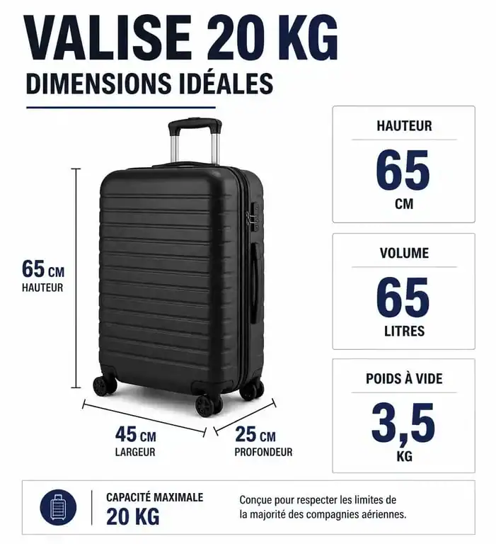 Infographie des dimensions idéales d'une valise 20 kg pour les voyages en avion