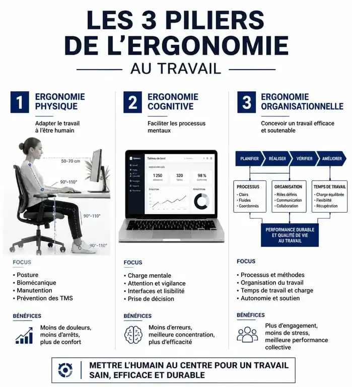 Infographie des trois piliers de l'ergonomie au travail : physique, cognitive et organisationnelle