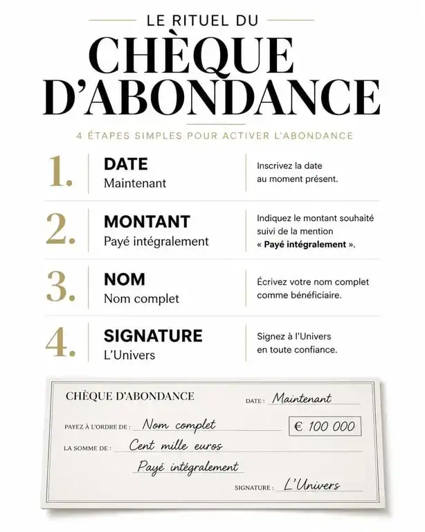 Infographie des étapes pour remplir un chèque d'abondance selon la loi de l'attraction