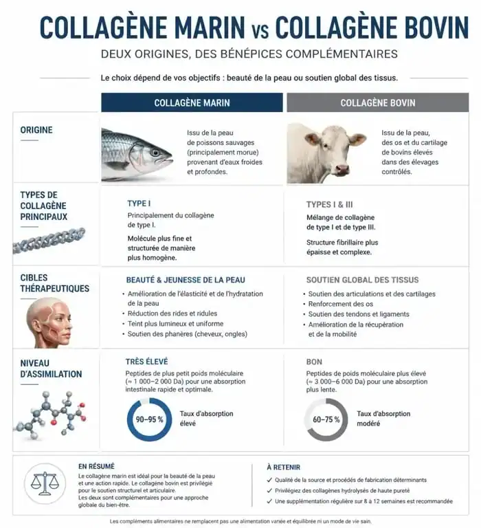 Infographie comparative entre collagène marin et collagène bovin pour choisir son complément alimentaire