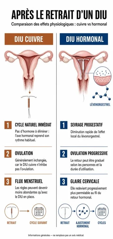 Infographie comparative des effets après retrait stérilet cuivre vs hormonal