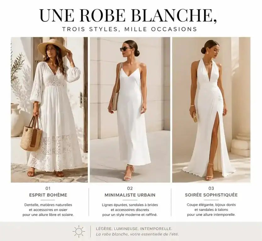 Différents styles de longue robe blanche été : bohème, urbain et soirée