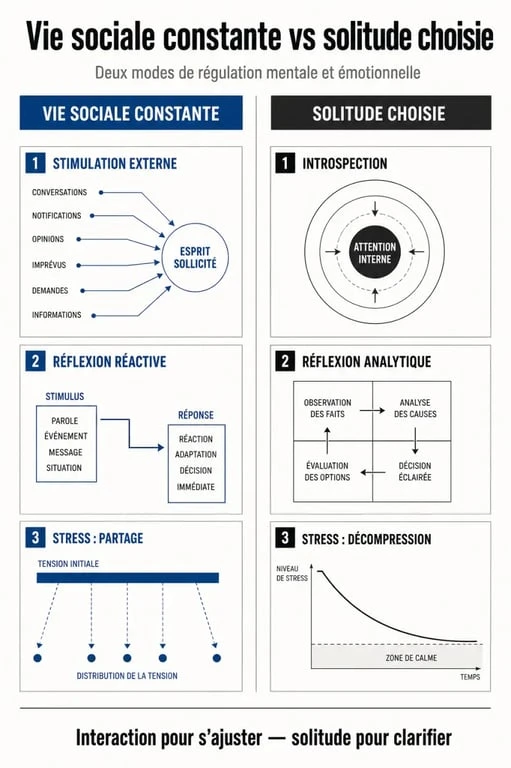 Infographie comparative : vie sociale constante vs solitude choisie pour mieux comprendre le besoin de préférer la solitude à une vie sociale.