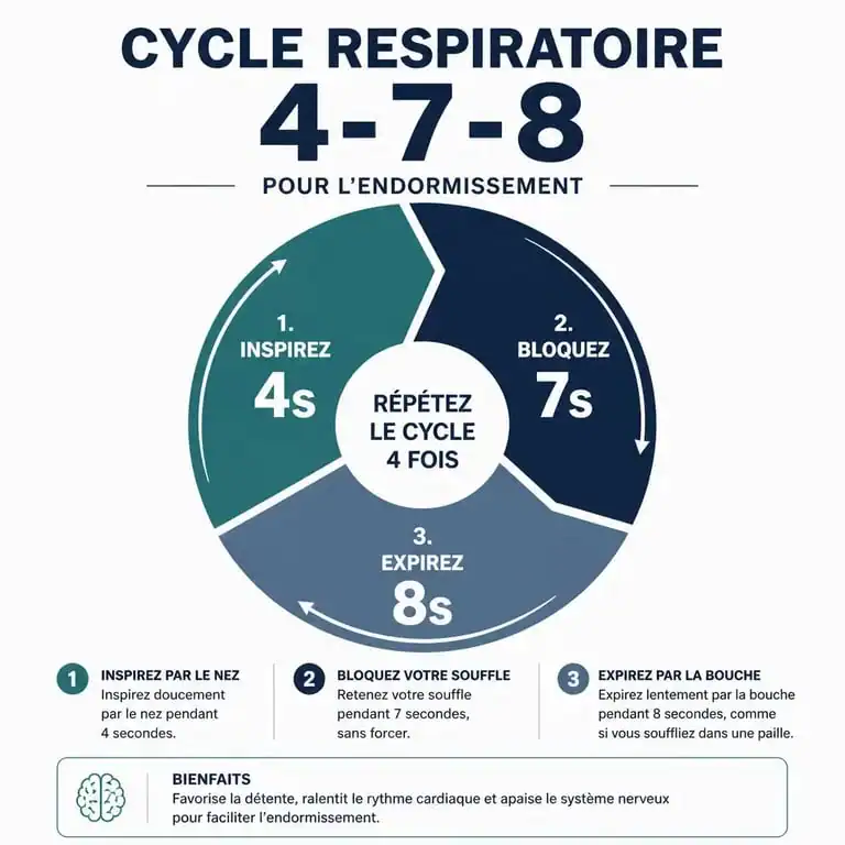 Infographie illustrant la technique pour s'endormir rapidement 4-7-8