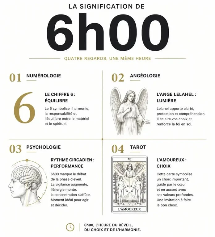 Infographie résumant la signification spirituelle, numérologique et biologique de l'heure 6h00