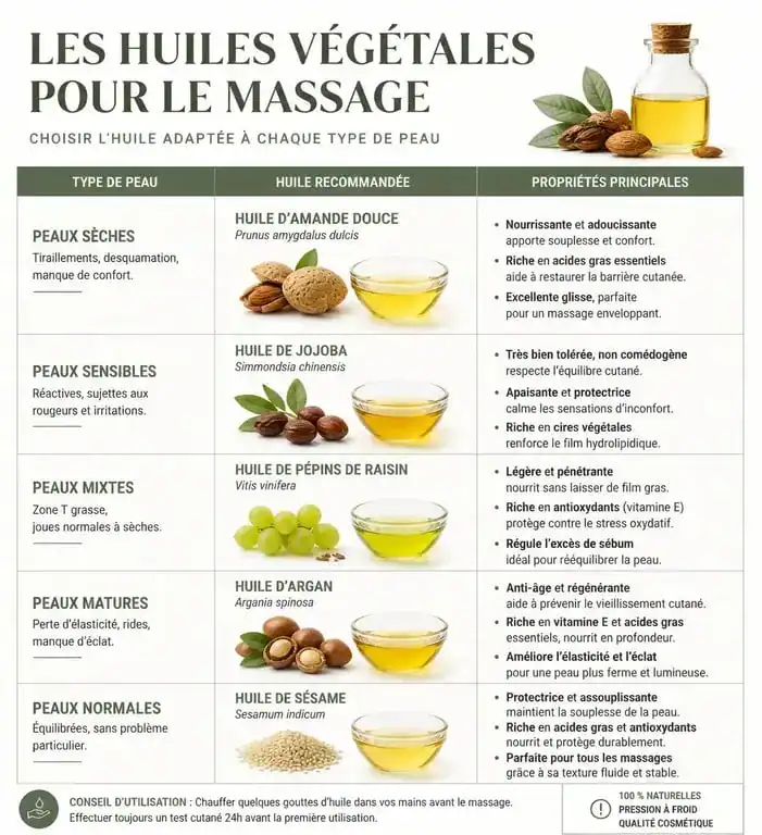 Infographie comparative des huiles végétales pour choisir la meilleure huile de massage selon son type de peau