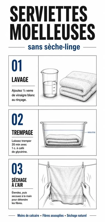 Infographie des étapes pour obtenir des serviettes de toilette moelleuses sans sèche-linge