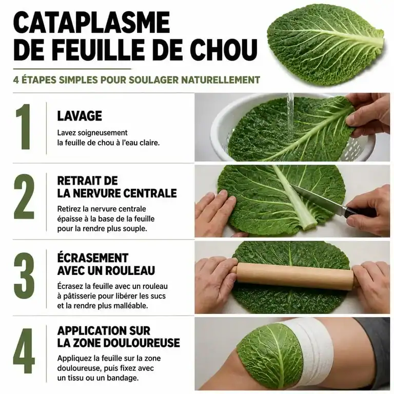 Infographie montrant les étapes de préparation d'un cataplasme de feuille de chou comme remède de grand-mère